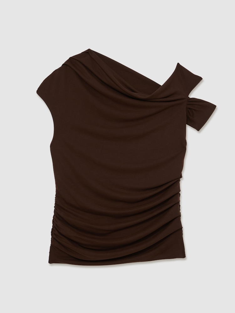 Reiss Chocolate Brown Serena Modal-Blend Ruched Off-Shoulder Top - Image 2 of 7