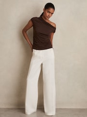 Reiss Chocolate Brown Serena Modal-Blend Ruched Off-Shoulder Top - Image 3 of 7
