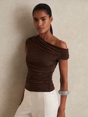 Reiss Chocolate Brown Serena Modal-Blend Ruched Off-Shoulder Top - Image 4 of 7