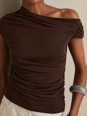 Reiss Chocolate Brown Serena Modal-Blend Ruched Off-Shoulder Top - Image 5 of 7