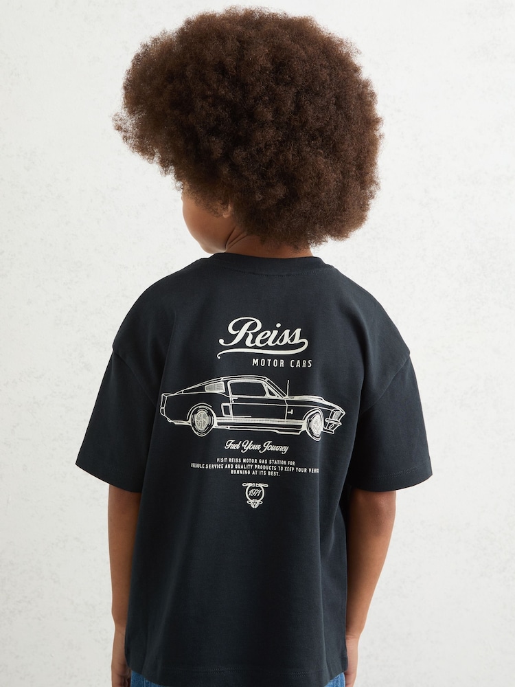 Reiss Washed Blue/White Russell 3-9 yrs Cotton Motor Cars-Print T-Shirt - Image 1 of 4