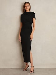 Черный - Reiss Azure Stretch Lyocell Ruched Midi Dress - Изображение 1 из 7