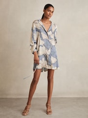 Reiss Blue Megan Floral Print Gathered Cut Out Shirt Dress - Image 1 of 6