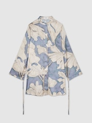 Reiss Blue Megan Floral Print Gathered Cut Out Shirt Dress - Image 2 of 6