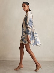 Reiss Blue Megan Floral Print Gathered Cut Out Shirt Dress - Image 3 of 6