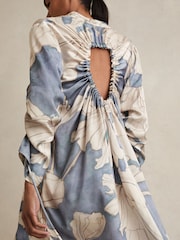 Reiss Blue Megan Floral Print Gathered Cut Out Shirt Dress - Image 4 of 6