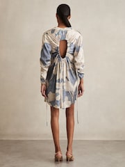 Reiss Blue Megan Floral Print Gathered Cut Out Shirt Dress - Image 5 of 6