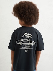 Reiss Blue Russell Cotton Motor Cars-Print T-Shirt - Image 3 of 4