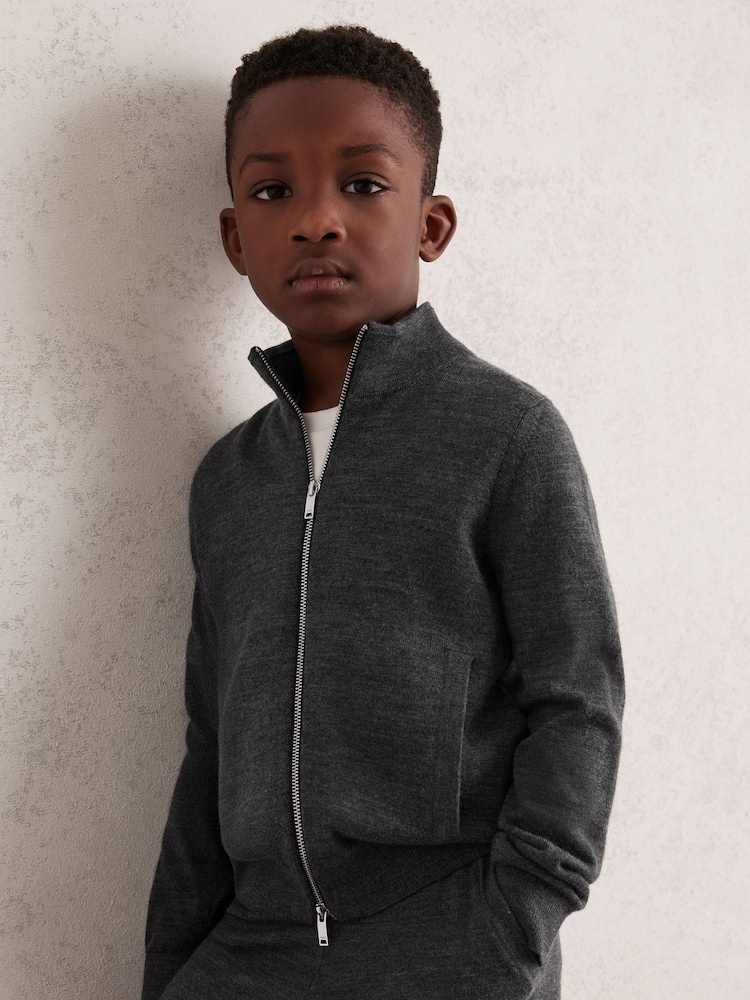 Reiss Derby Grey Melange Hampshire 13-14 yrs Merino Wool Zip-Through Funnel-Neck Cardigan - Image 2 of 4