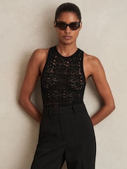 Reiss Black Tia Floral Print Lace Bodysuit - Image 1 of 7