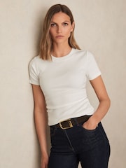 Reiss White Tess Stretch Cotton Ruched Ribbed T-Shirt - Image 1 of 6