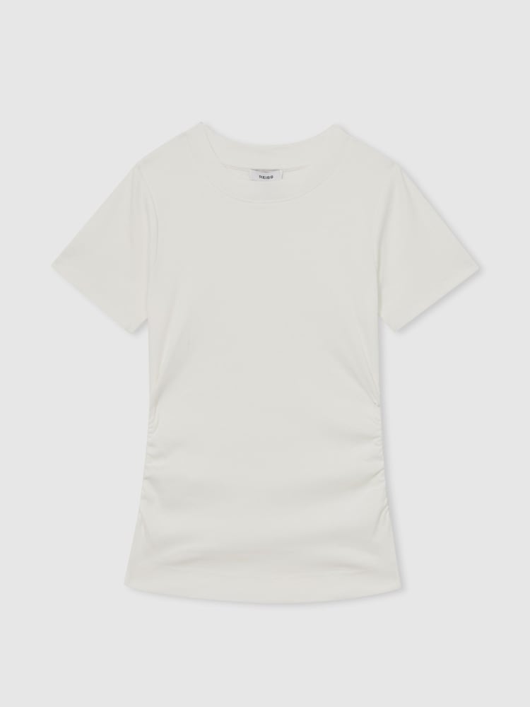 Reiss White Tess Stretch Cotton Ruched Ribbed T-Shirt - Image 2 of 6