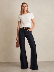 Reiss White Tess Stretch Cotton Ruched Ribbed T-Shirt - Image 3 of 6