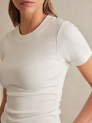 Reiss White Tess Stretch Cotton Ruched Ribbed T-Shirt - Image 4 of 6
