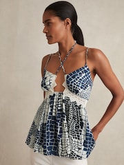 Reiss Blue Estella Animal Print Lace Trim Cami Top - Image 1 of 5