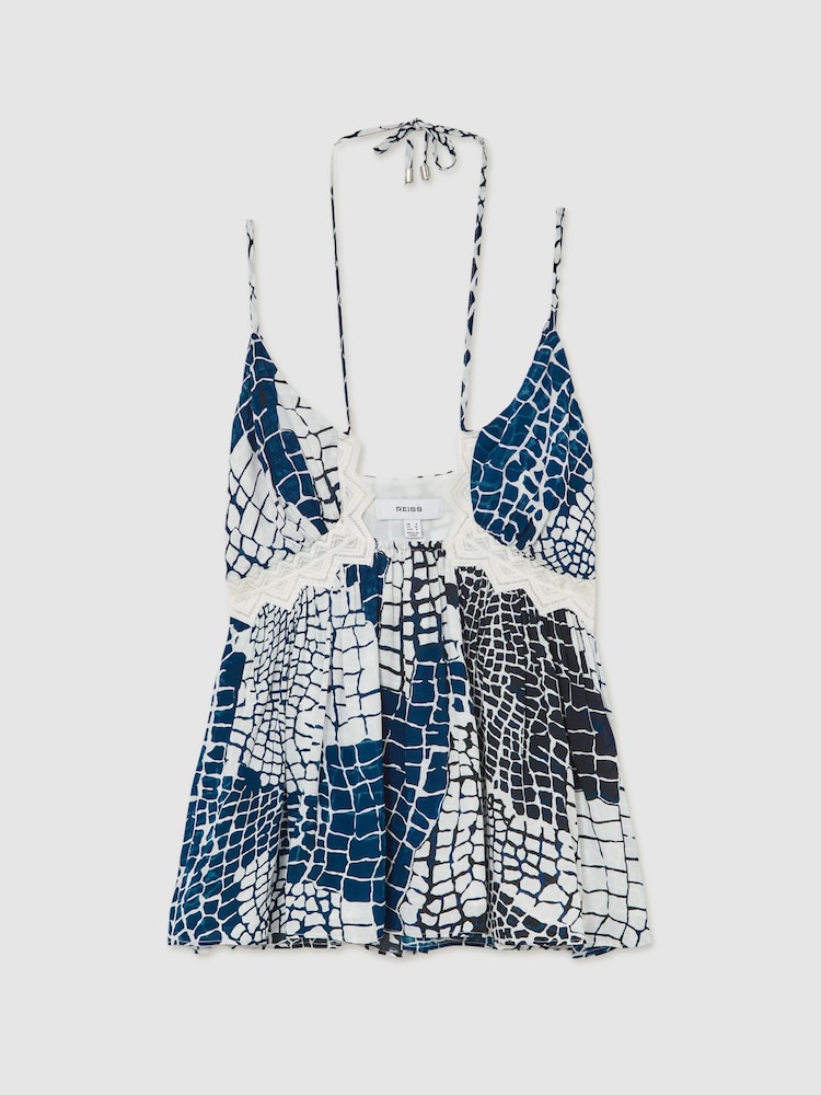 Reiss Blue Estella Animal Print Lace Trim Cami Top - Image 2 of 5