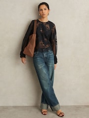 Reiss Navy Emilia Lace Flared-Cuff Blouse - Image 1 of 5