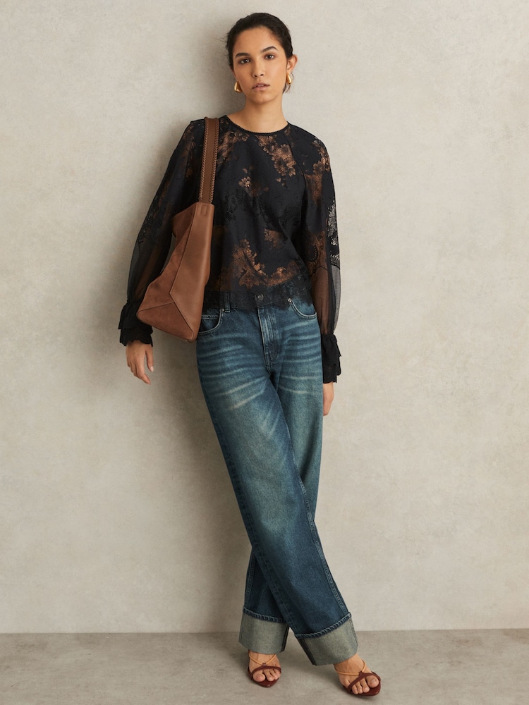 Reiss Navy Emilia Lace Flared-Cuff Blouse - Image 1 of 5