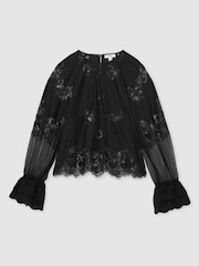 Reiss Navy Emilia Lace Flared-Cuff Blouse - Image 2 of 5