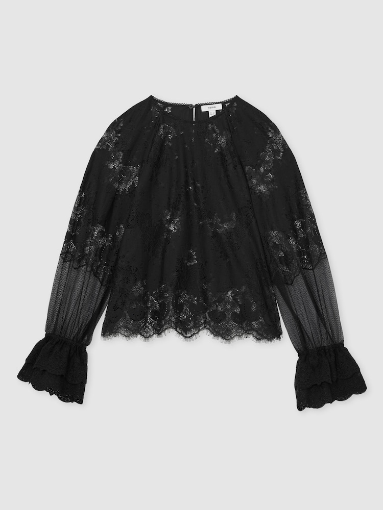 Reiss Navy Emilia Lace Flared-Cuff Blouse - Image 2 of 5