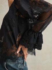 Reiss Navy Emilia Lace Flared-Cuff Blouse - Image 3 of 5