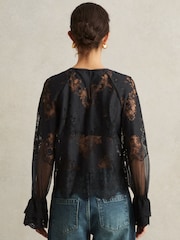 Reiss Navy Emilia Lace Flared-Cuff Blouse - Image 4 of 5