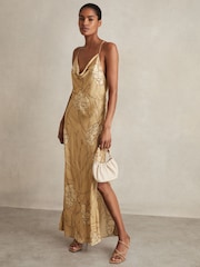 Reiss Gold Rochelle Satin Floral-Print Slip Maxi Dress - Image 1 of 7