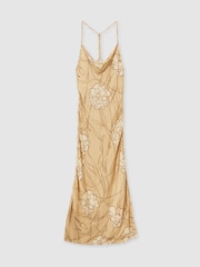 Reiss Gold Rochelle Satin Floral-Print Slip Maxi Dress - Image 2 of 7