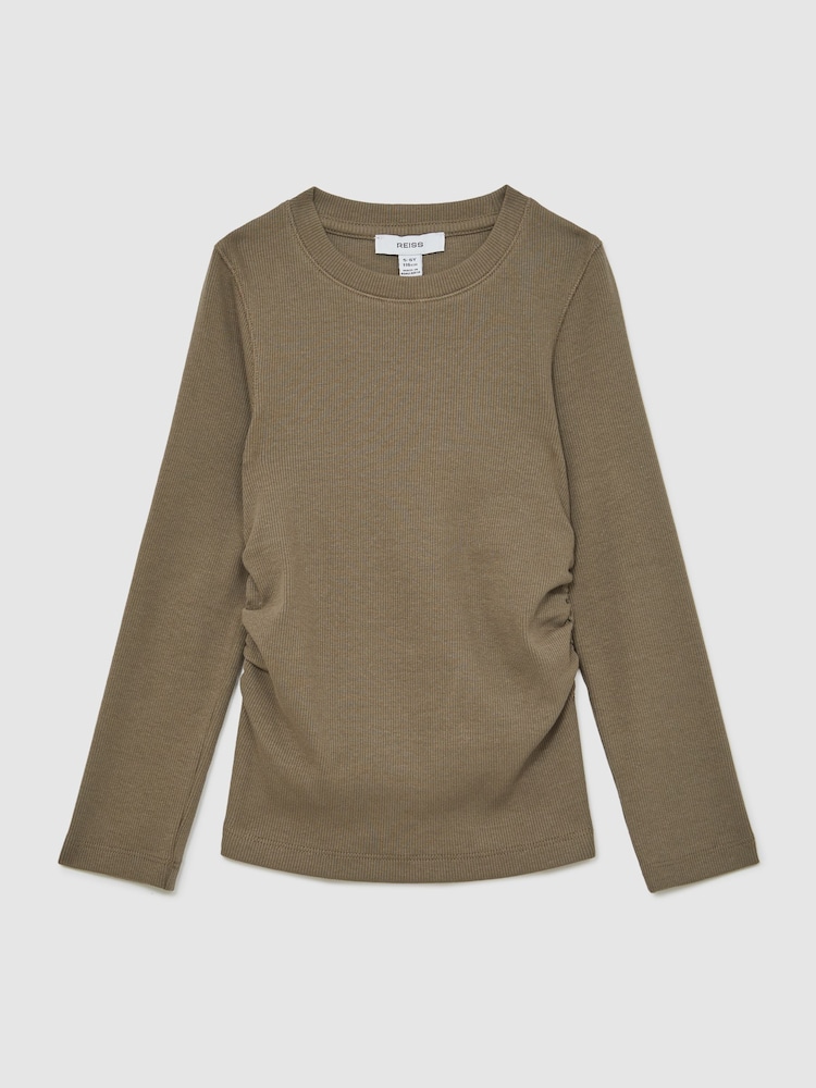 Reiss Khaki Trina 13-14 yrs Cotton Ruched Long-Sleeve T-Shirt with Stretch - Image 1 of 4 Reiss Khaki Trina 13-14 yrs Cotton Ruched Long-Sleeve T-Shirt with Stretch - Image 1 of 4