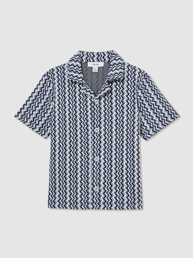 Reiss Blue Vallatta Zig-Zag Knit Cuban-Collar Shirt - Image 1 of 4