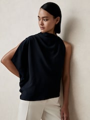 Reiss Navy Elle One-Shoulder Draped Top - Image 1 of 6
