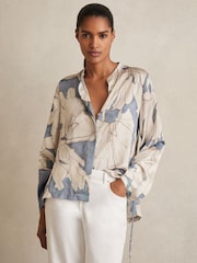 Reiss Blue Gigi Floral Print Gathered Cut Out Shirt - Image 1 of 6