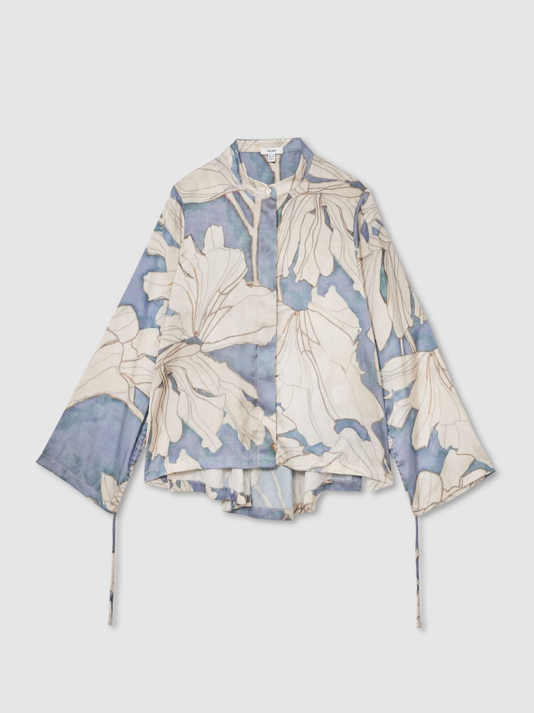 Reiss Blue Gigi Floral Print Gathered Cut Out Shirt - Image 2 of 6