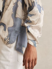 Reiss Blue Gigi Floral Print Gathered Cut Out Shirt - Image 4 of 6