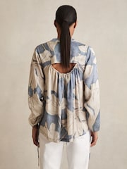 Reiss Blue Gigi Floral Print Gathered Cut Out Shirt - Image 5 of 6