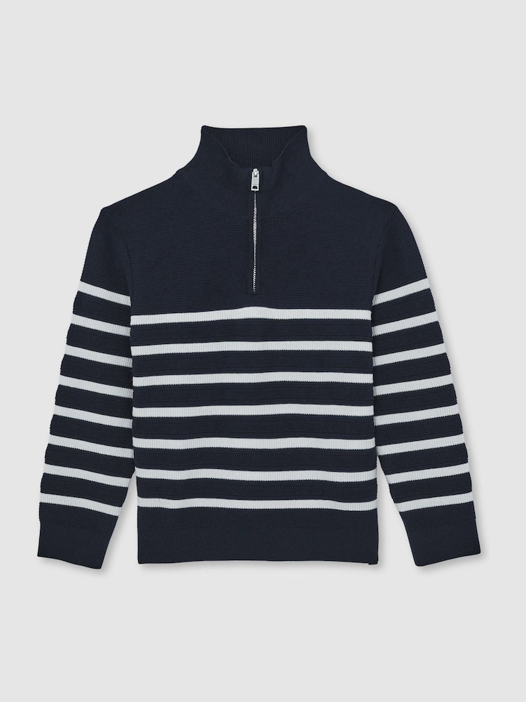 Reiss Navy/Off White Graham 13-14 yrs Cotton-Blend Stripe Half-Zip Jumper - Image 1 of 4 Reiss Navy/Off White Graham 13-14 yrs Cotton-Blend Stripe Half-Zip Jumper - Image 1 of 4