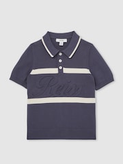 Reiss Indigo Blue/White Ellis 13-14 yrs Cotton Logo-Embossed Knit Polo Shirt - Image 1 of 4
