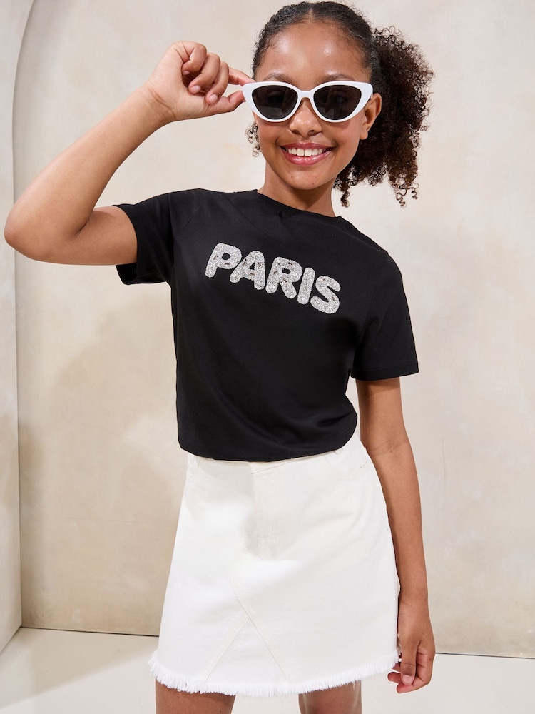 Negro - Lipsy 100% Cotton Embellished Paris T-Shirt (5-16yrs) - Imagen 1 de 4