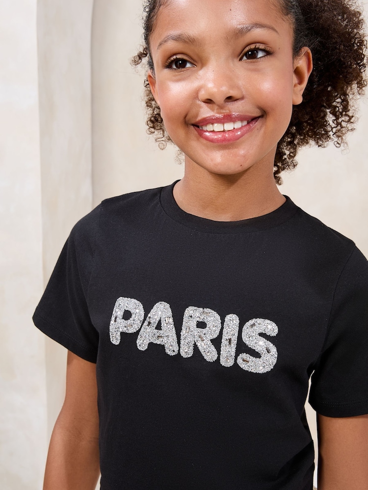 Negro - Lipsy 100% Cotton Embellished Paris T-Shirt (5-16yrs) - Imagen 2 de 4