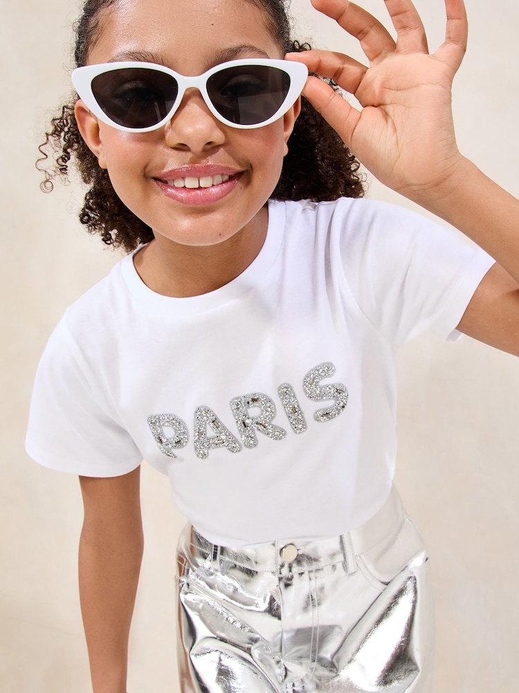 Lipsy White 100% Cotton Embellished Paris T-Shirt (5-16yrs) - Image 1 of 4