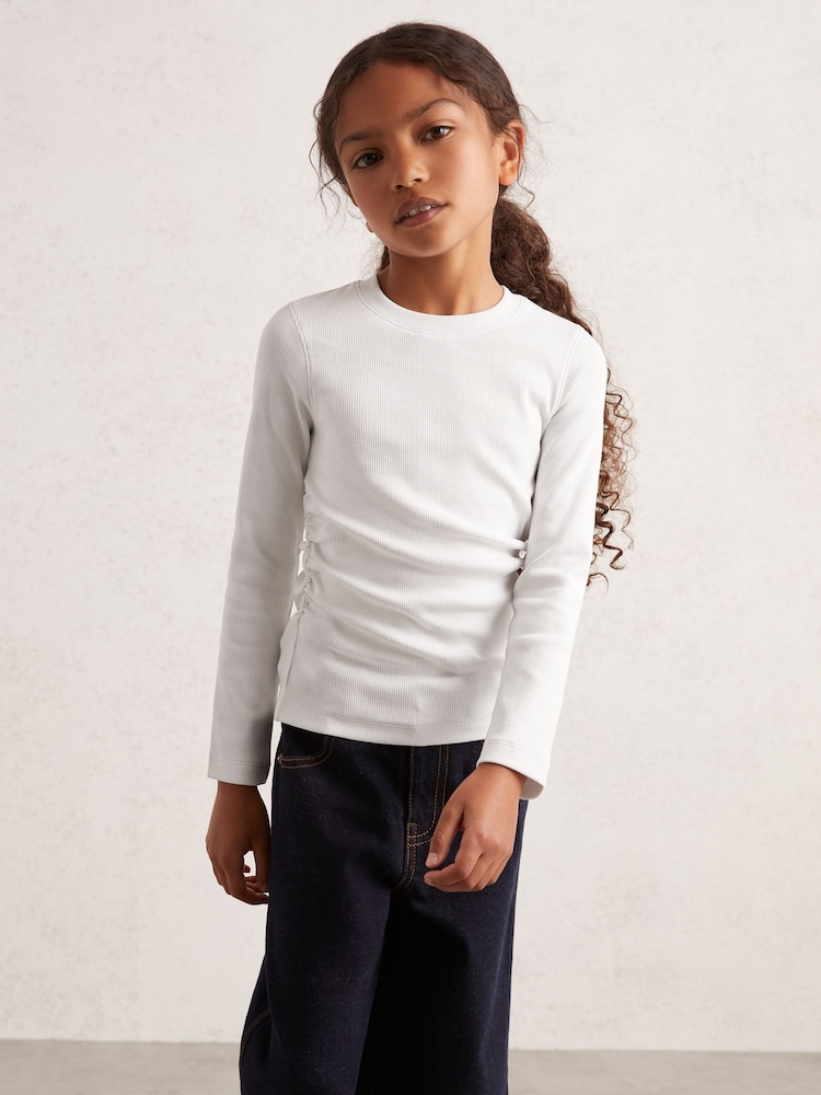 Reiss Ivory Trina 9-13 yrs Cotton Ruched Long-Sleeve T-Shirt with Stretch - Image 1 of 4