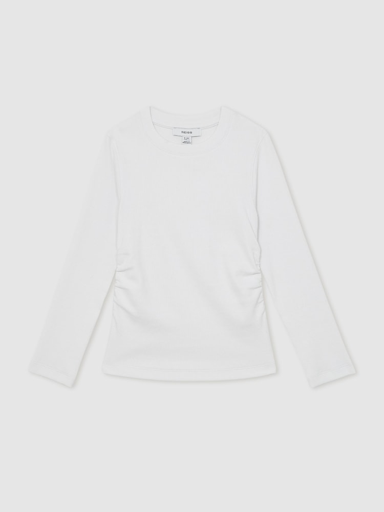 Reiss Ivory Trina 9-13 yrs Cotton Ruched Long-Sleeve T-Shirt with Stretch - Image 2 of 4