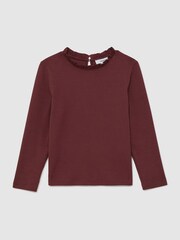 Reiss Burgundy Flora Stretch-Cotton Ruffle-Neck Top - Image 1 of 5