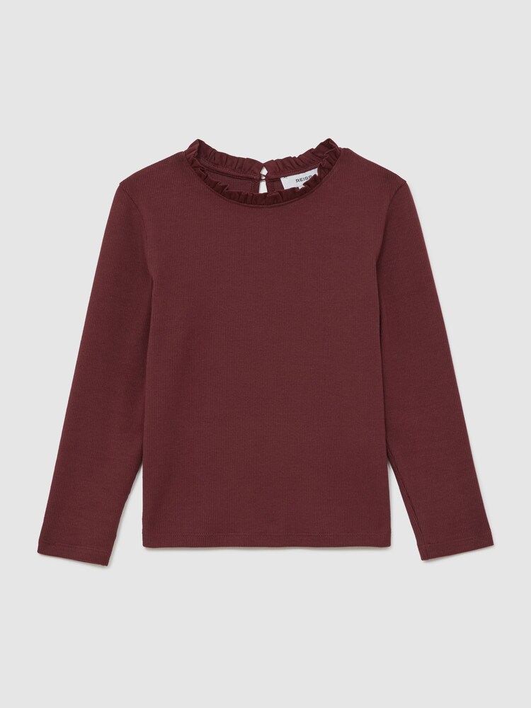 Reiss Burgundy Flora Stretch-Cotton Ruffle-Neck Top - Image 1 of 5 Reiss Burgundy Flora Stretch-Cotton Ruffle-Neck Top - Image 1 of 5