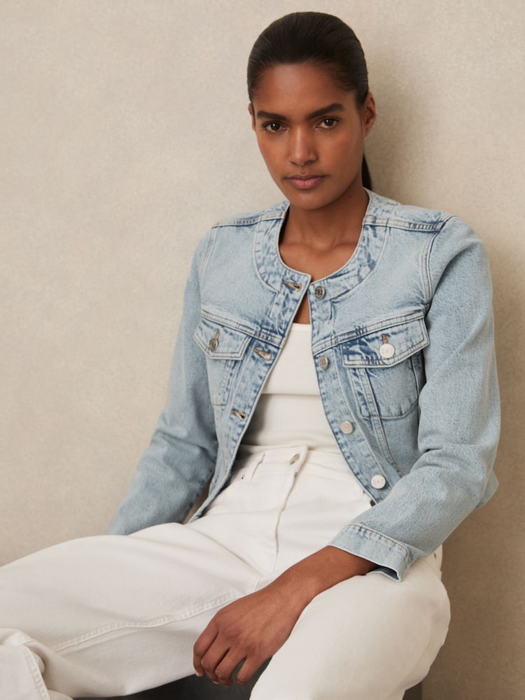 Reiss Medora Collarless Cropped Denim Jacket - Imagen 1 de 7 Reiss Medora Collarless Cropped Denim Jacket - Imagen 1 de 7