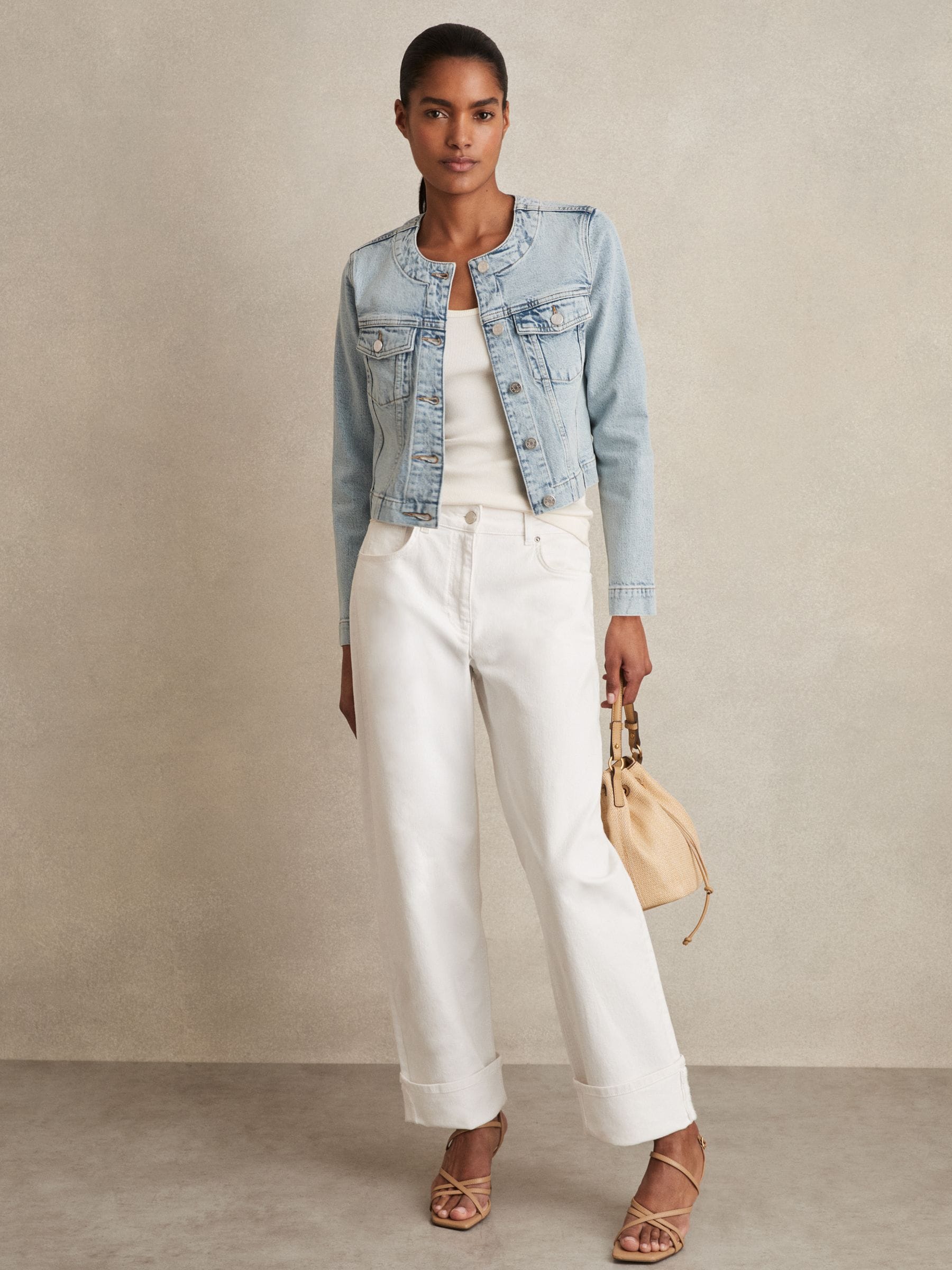 ジャケット・アウター NO MASS PROD Cropped denim flight jacket Buy Reiss Light Blue Medora Collarless Cropped Denim Jacket from