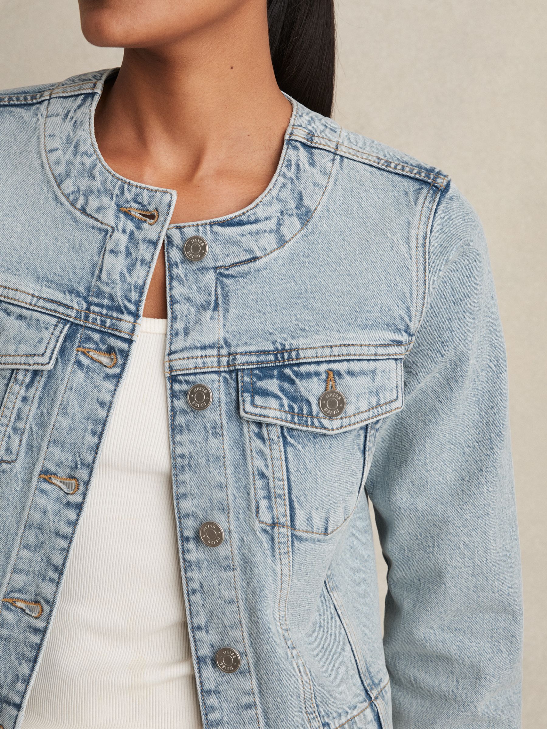 ジャケット・アウター NO MASS PROD Cropped denim flight jacket Buy Reiss Light Blue Medora Collarless Cropped Denim Jacket from
