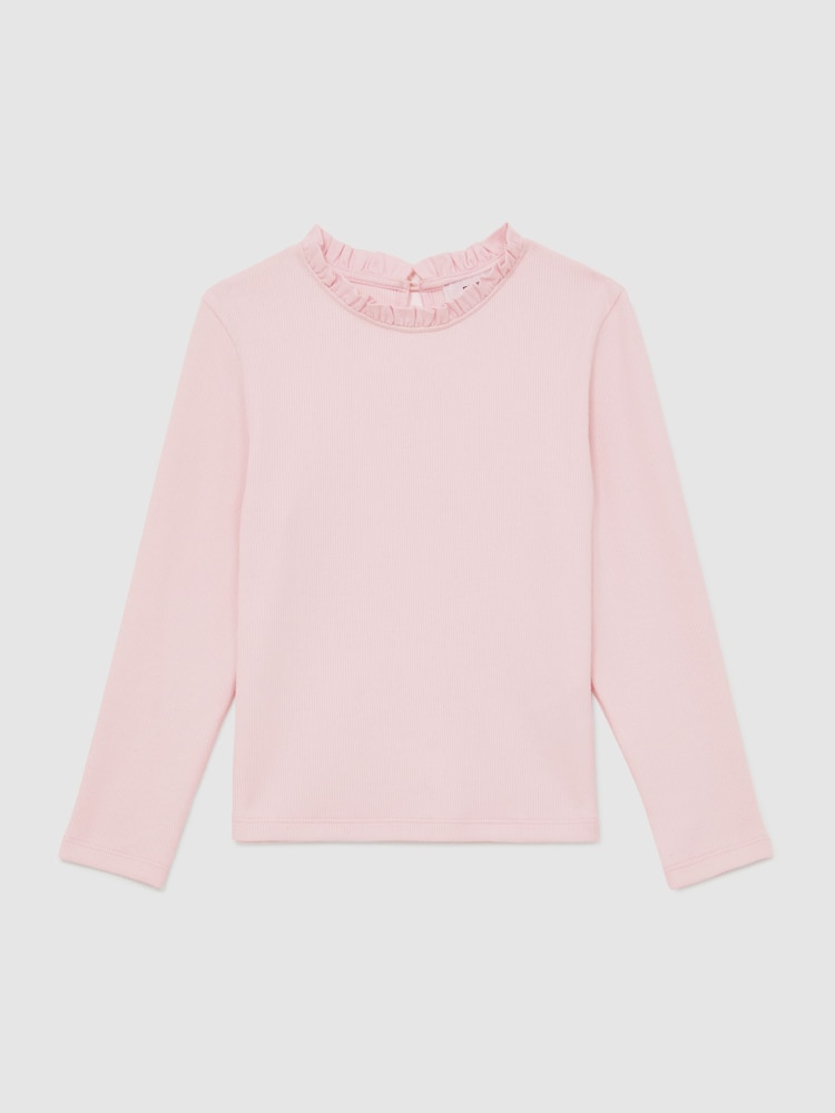 Reiss Pink Flora Stretch-Cotton Ruffle-Neck Top - Image 1 of 4