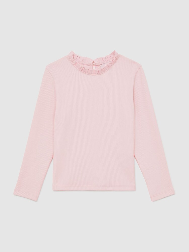 Reiss Pink Flora Stretch-Cotton Ruffle-Neck Top - Image 1 of 4 Reiss Pink Flora Stretch-Cotton Ruffle-Neck Top - Image 1 of 4