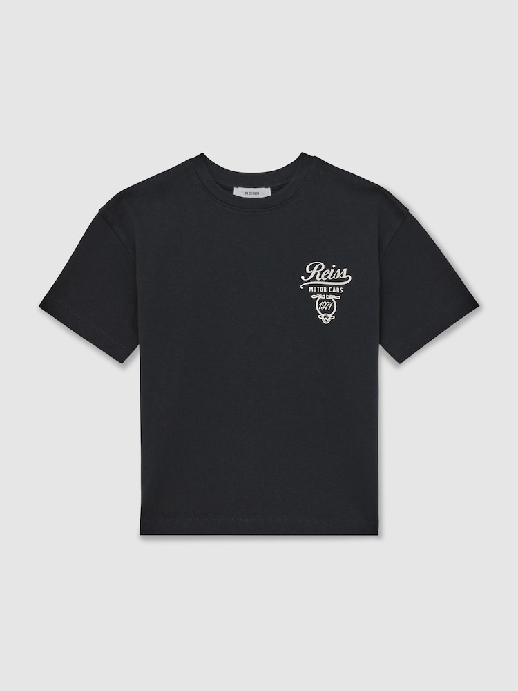 Reiss Washed Blue/White Russell 13-14 yrs Cotton Motor Cars-Print T-Shirt - Image 1 of 4
